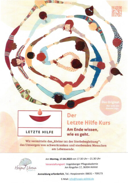Veranstaltungsflyer für den Letzte-Hilfe-Kurs des Hospizvereins Alsfeld. Eine Illustration zeigt Menschen aus der Vogelperspektive, die im Kreis stehen und sich an den Händen halten. Dazu der Slogan: „Am Ende wissen, wie es geht.“
