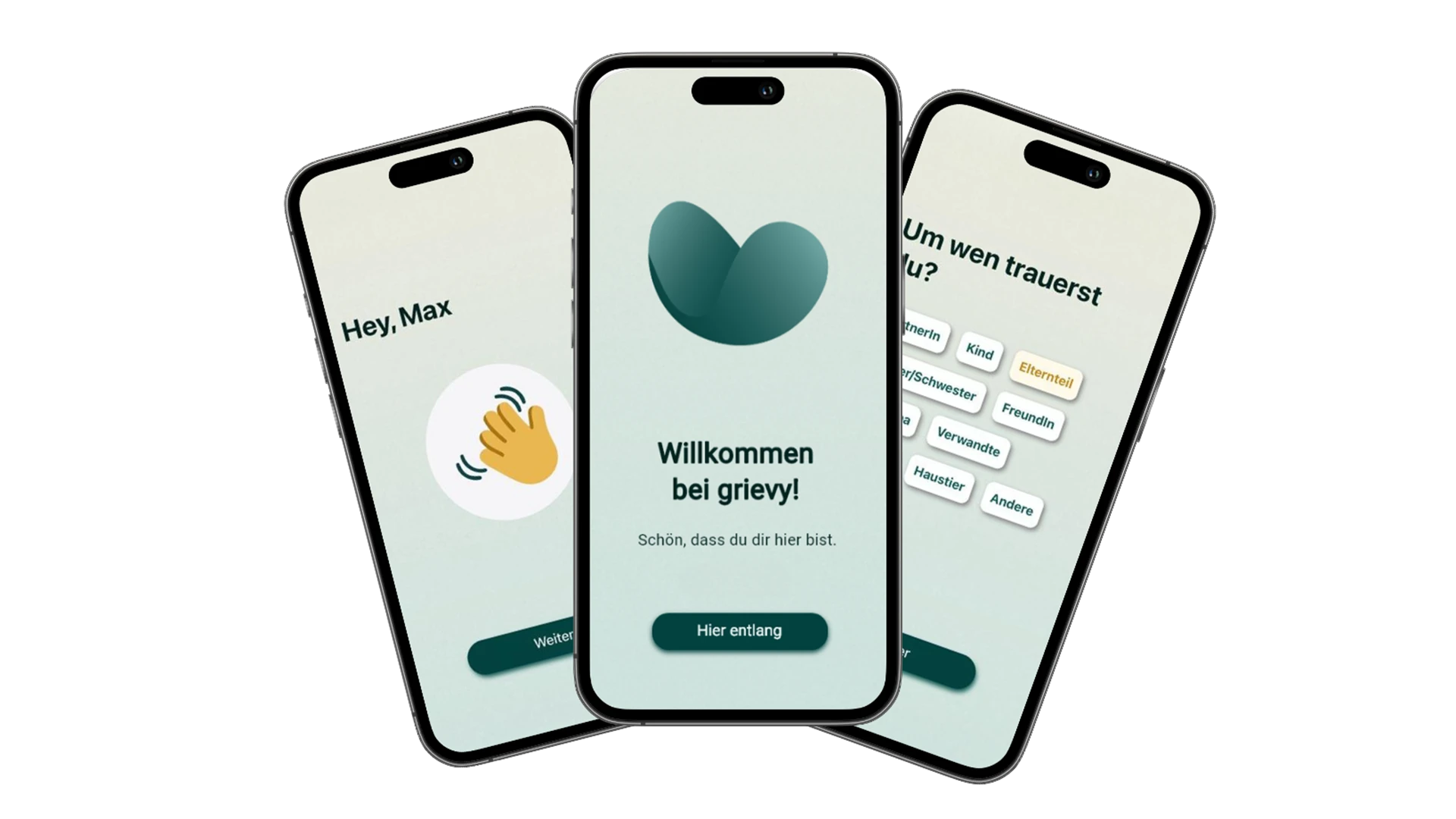 Drei Smartphones zeigen die Benutzeroberfläche der grievy-App zur digitalen Trauerbegleitung.