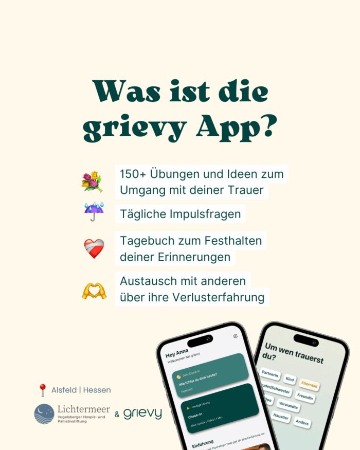 Infografik mit dem Titel 'Was ist die grievy App?'. Aufgelistete Funktionen: 1. 150+ Übungen und Ideen zum Umgang mit deiner Trauer. 2. Tägliche Impulsfragen. 3. Tagebuch zum Festhalten deiner Erinnerungen. 4. Austausch mit anderen über ihre Verlusterfahrung. Unten rechts sind Smartphone-Mockups der App zu sehen, links unten die Logos der Lichtermeer Stiftung und grievy sowie der Standort Alsfeld | Hessen.