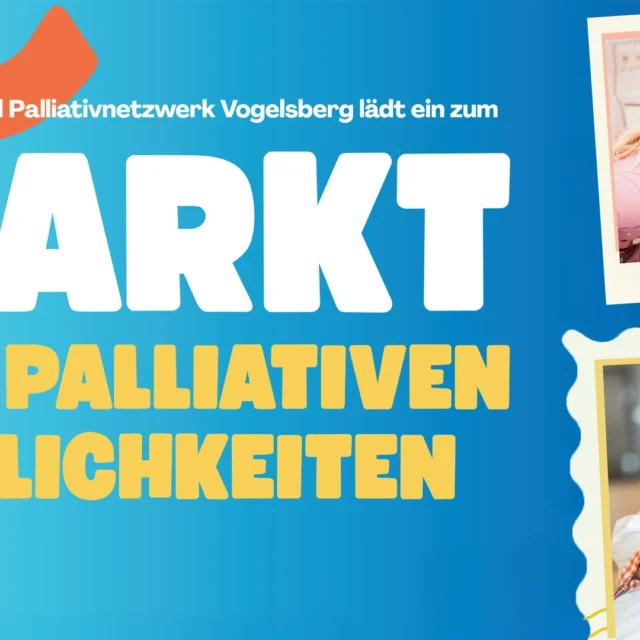 Veranstaltungsbanner mit dem Schriftzug „Das Hospiz- und Palliativnetzwerk Vogelsberg lädt ein zum Markt der palliativen Möglichkeiten“ und Fotos von Clowndoktoren.