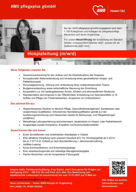 Stellenanzeige der AWO pflegeplus gGmbH für die Position einer Hospizleitung (m/w/d) zur Neueröffnung des Hospizes Lichtermeer in Alsfeld im Jahr 2027.
