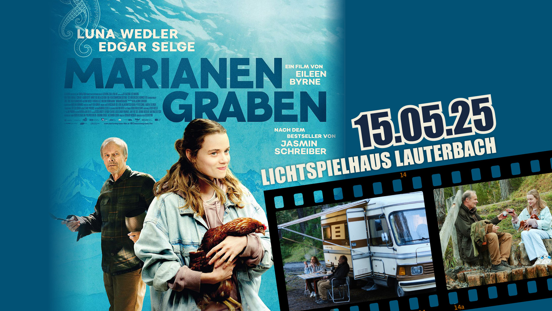 Veranstaltungsbanner zum Kinofilm „Marianengraben“ mit den Schauspielern Luna Wedler und Edgar Selge am 15.05.25 im Lichtspielhaus Lauterbach.